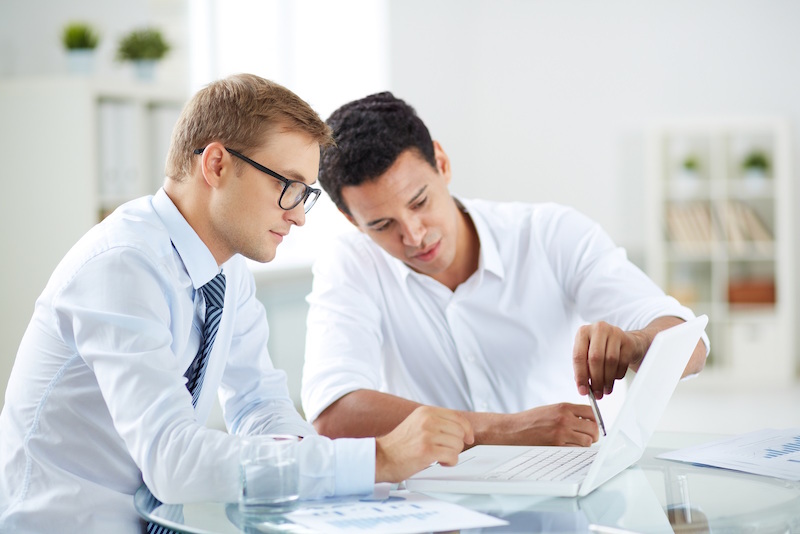 Portrait of smart businessmen discussing project in laptop at meeting