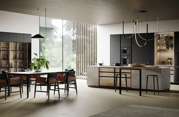 Menta Black Onyx and Scandi Oak by Miton - black kitchen, italian, modern kitchen, Miton cabinets chicago, wooden kitchen, custom kitchen cabinets, kitchen Chicago, kitchen cabinets, Miton Chicago, modern design, urban interior, black onyx, scandi oak, minimalistic kitchen, european kitchen, contemporary kitchen, Menta by Miton, dining furniture