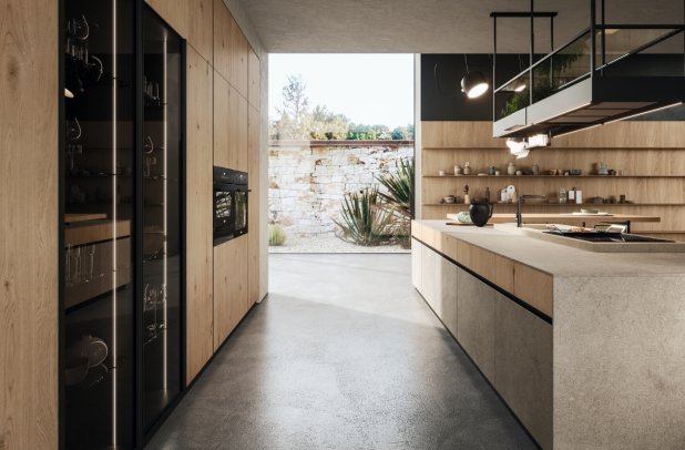 AK 04 in Biondo Veneer and Jasper Moka Stone by Arrital - chicago italian cabinets, arrital, modern kitchen cabinets, dining furniture, urban interior, ak project, contemporary kitchen, modern design, kitchen Chicago, italian, arrital cabinets chicago