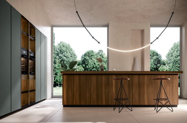 Menta Corduroy and Powder Green by Miton - black kitchen, kitchen cabinets, dining furniture, italian, modern design, wooden kitchen, Menta by Miton, minimalistic kitchen, urban interior, contemporary kitchen, Miton cabinets chicago, modern kitchen, custom kitchen cabinets, Miton Chicago, european kitchen, kitchen Chicago